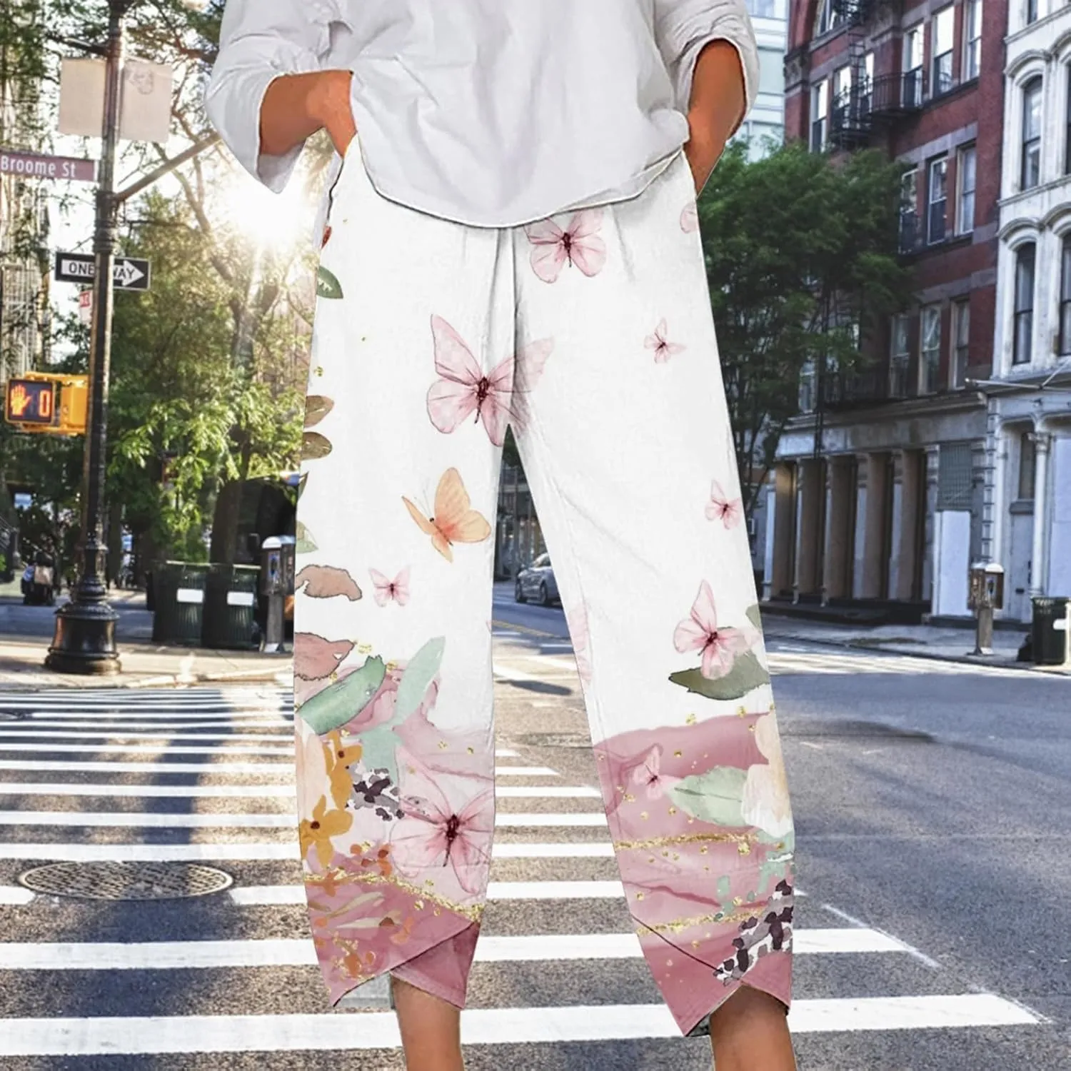Womens Printed Cotton Linen Straight Pants Boho Floral Elastic Waist Trousers Retro Cute Pant for Summer Beach Travel