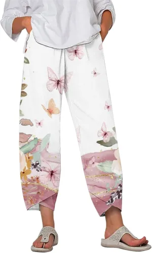 Womens Printed Cotton Linen Straight Pants Boho Floral Elastic Waist Trousers Retro Cute Pant for Summer Beach Travel