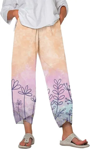 Womens Printed Cotton Linen Straight Pants Boho Floral Elastic Waist Trousers Retro Cute Pant for Summer Beach Travel