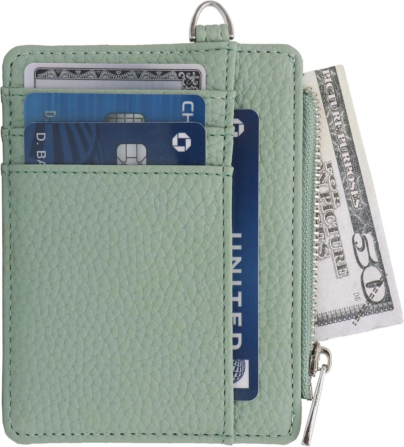 Women's RFID Blocking Slim Card Case with Zipper, Keychain, and Wristlet. Minimalist Card Holder Pocket Wallet, Green