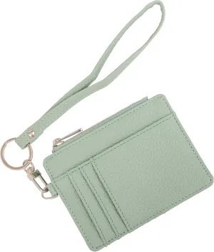 Women's RFID Blocking Slim Card Case with Zipper, Keychain, and Wristlet. Minimalist Card Holder Pocket Wallet, Green