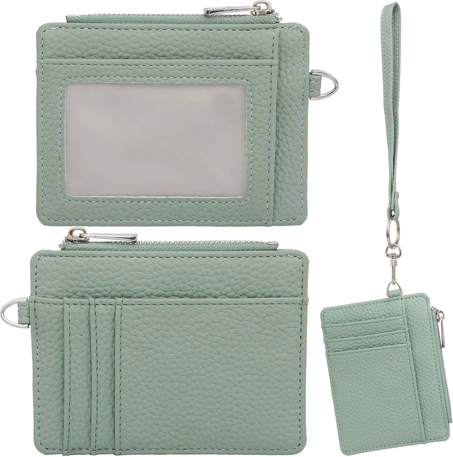 Women's RFID Blocking Slim Card Case with Zipper, Keychain, and Wristlet. Minimalist Card Holder Pocket Wallet, Green