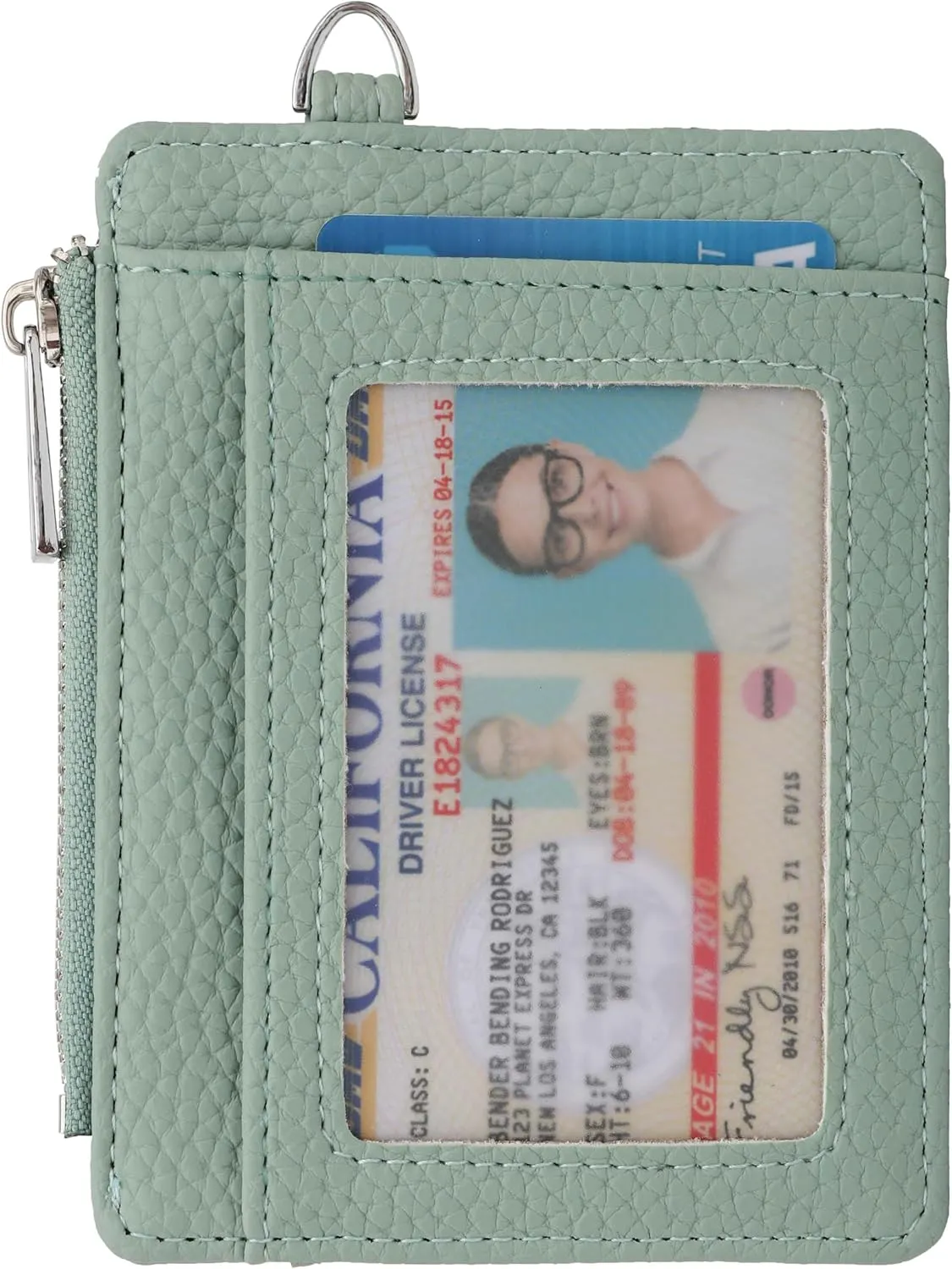 Women's RFID Blocking Slim Card Case with Zipper, Keychain, and Wristlet. Minimalist Card Holder Pocket Wallet, Green