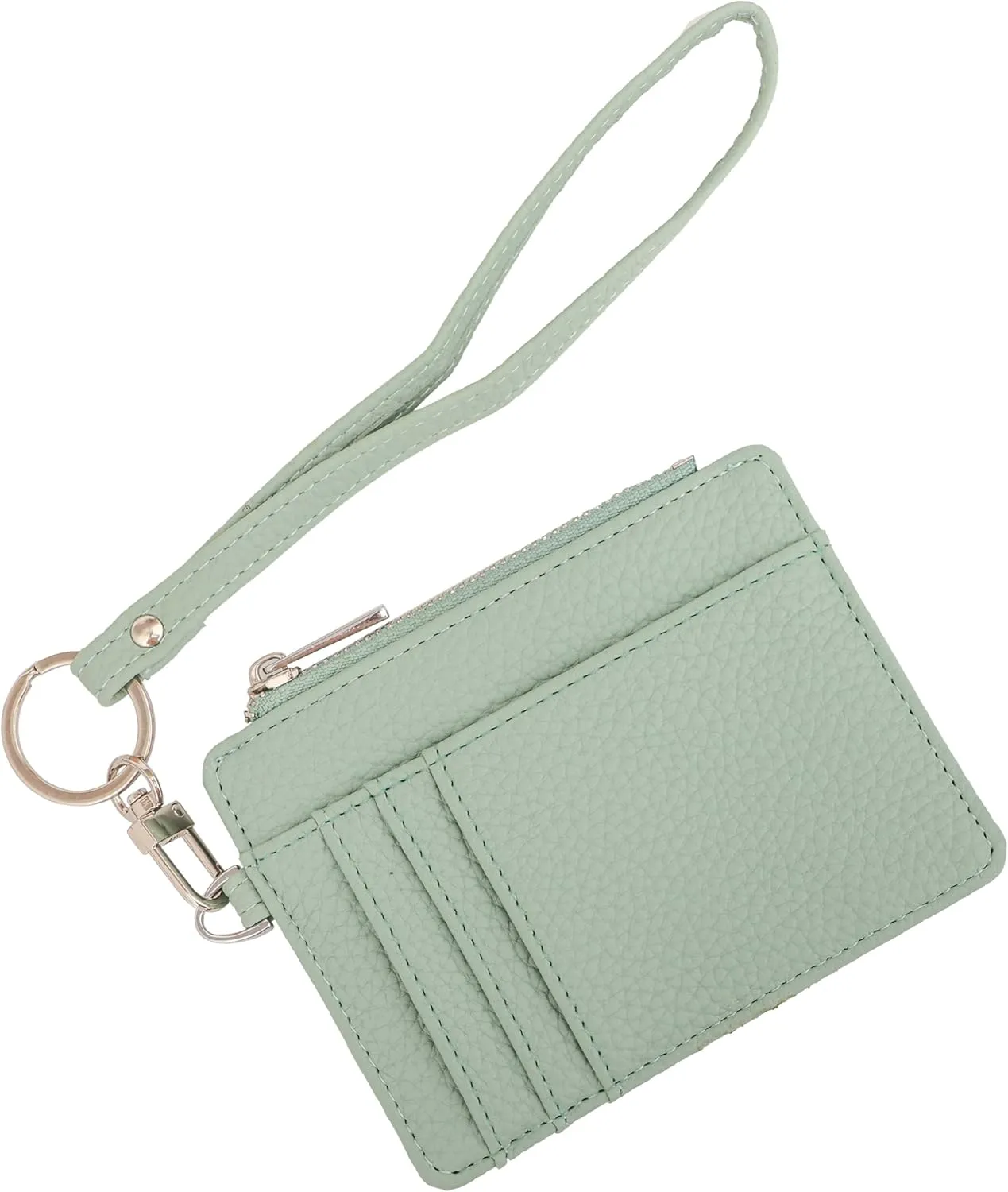 Women's RFID Blocking Slim Card Case with Zipper, Keychain, and Wristlet. Minimalist Card Holder Pocket Wallet, Green