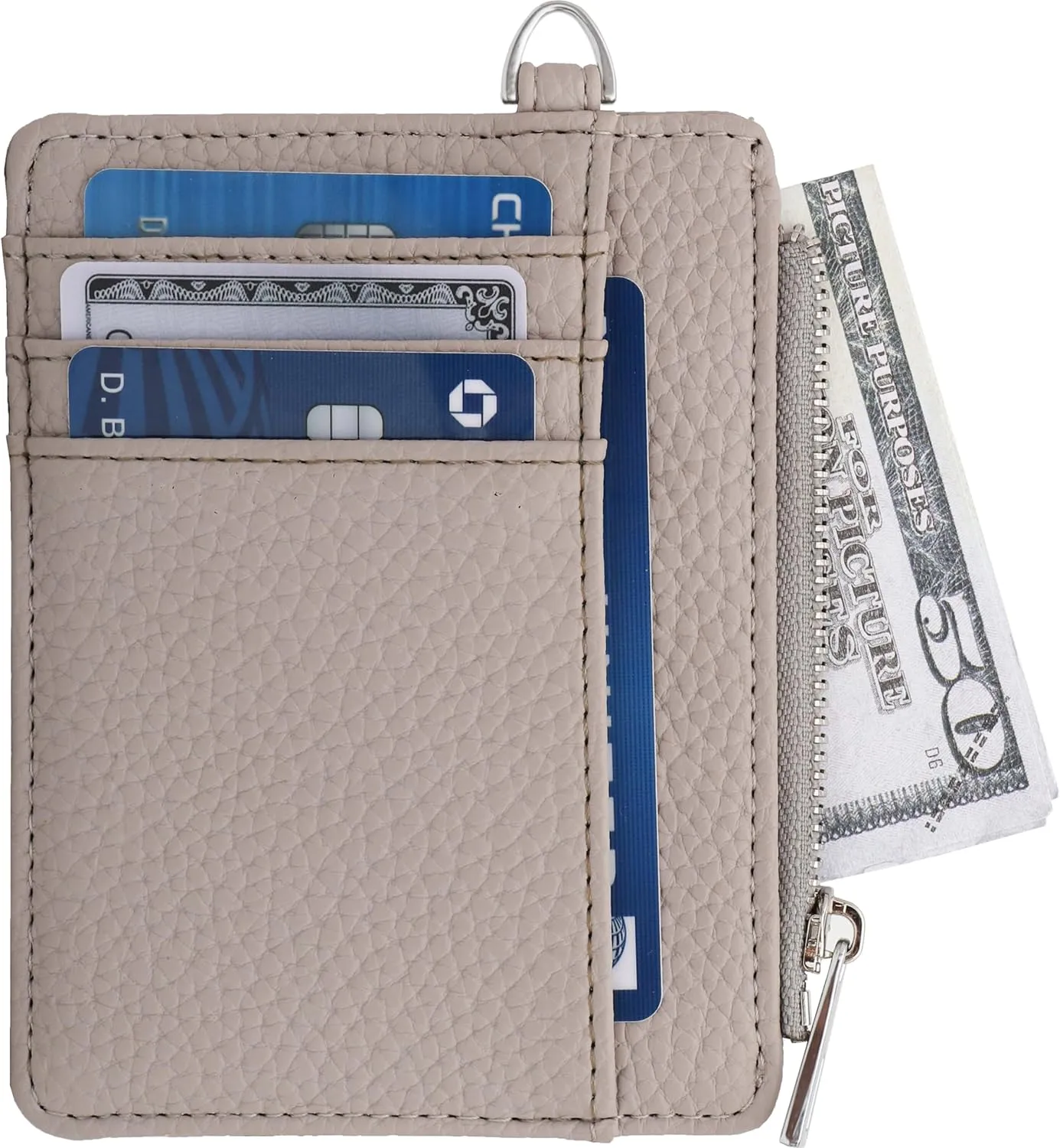 Women's RFID Blocking Slim Card Case with Zipper, Keychain, and Wristlet. Minimalist Card Holder Pocket Wallet, Light Gray