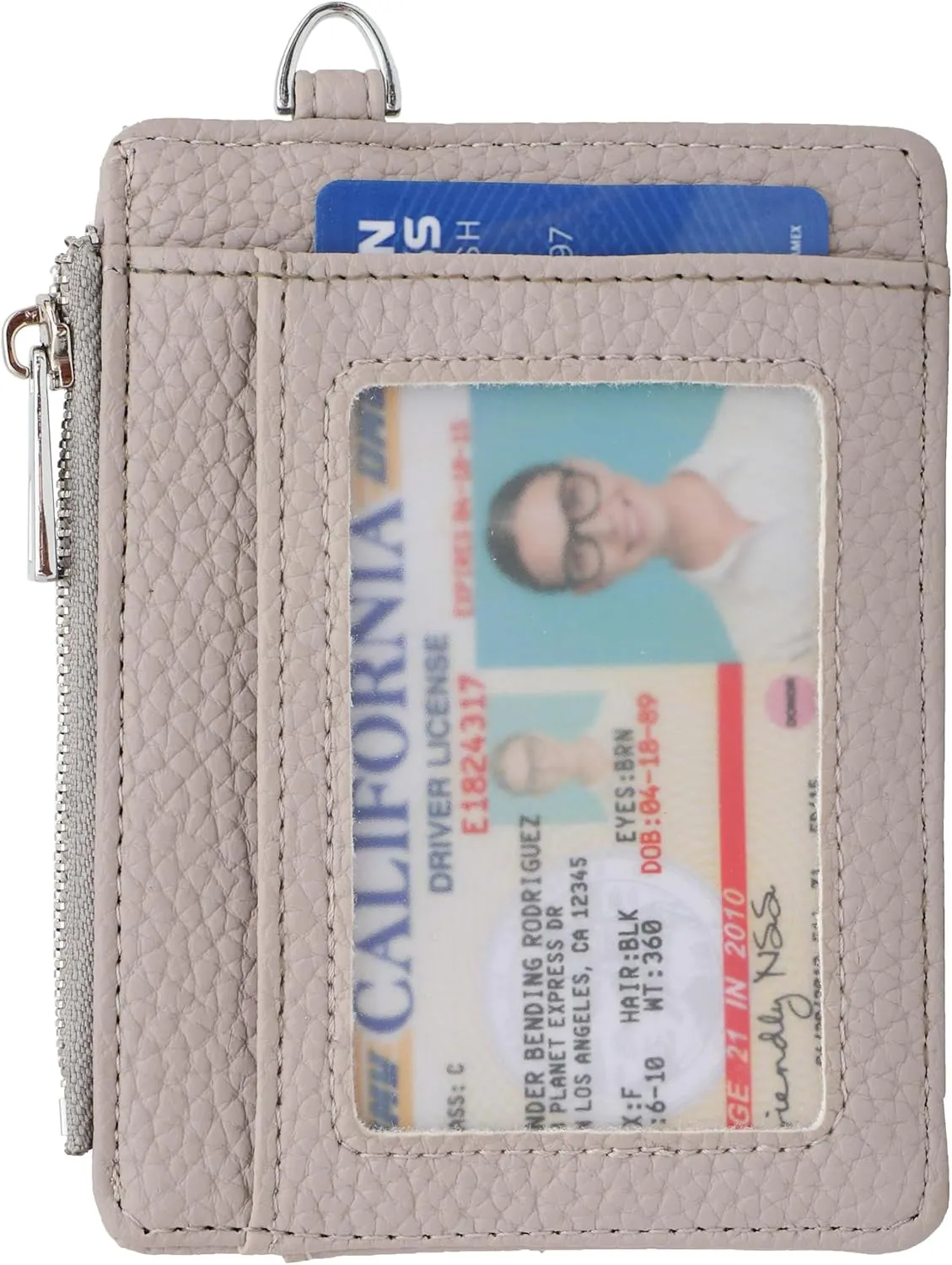 Women's RFID Blocking Slim Card Case with Zipper, Keychain, and Wristlet. Minimalist Card Holder Pocket Wallet, Light Gray