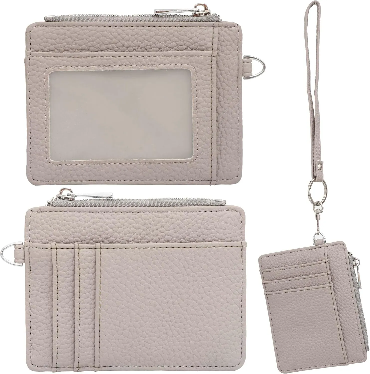 Women's RFID Blocking Slim Card Case with Zipper, Keychain, and Wristlet. Minimalist Card Holder Pocket Wallet, Light Gray