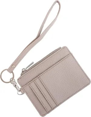 Women's RFID Blocking Slim Card Case with Zipper, Keychain, and Wristlet. Minimalist Card Holder Pocket Wallet, Light Gray