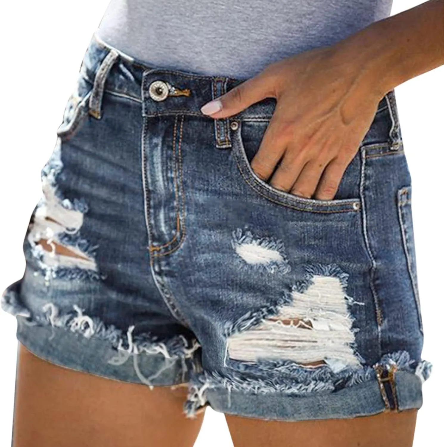 Womens Ripped Jean Shorts Button High Waisted Trendy Vintage Summer Stretchy Washed Denim Jorts with Pockets