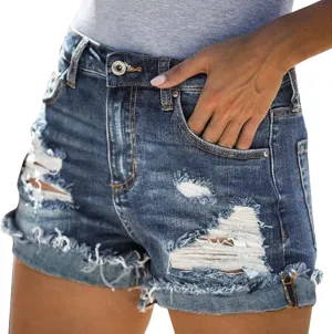 Womens Ripped Jean Shorts Button High Waisted Trendy Vintage Summer Stretchy Washed Denim Jorts with Pockets