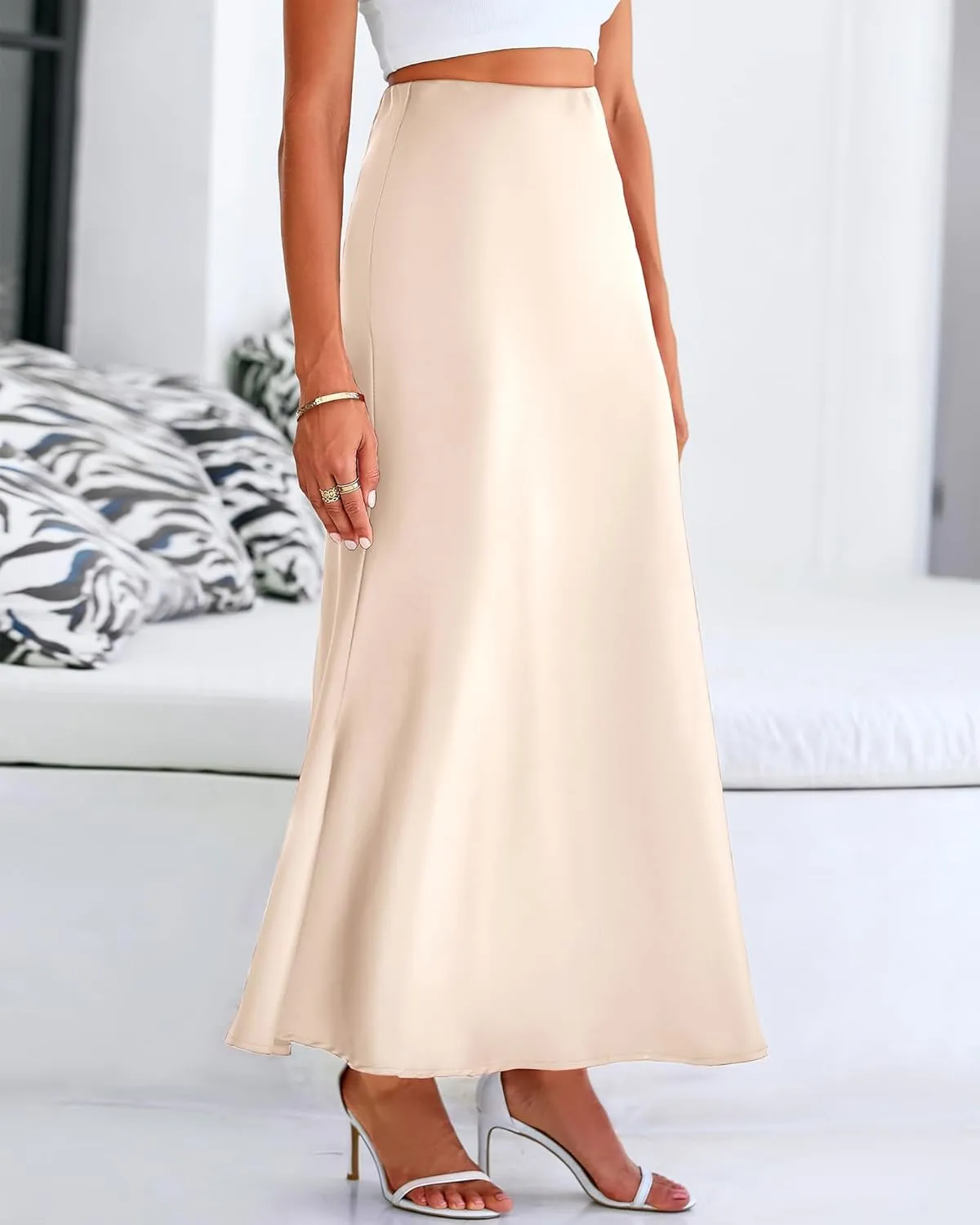 Women's Satin High Waist Skirt Silk Summer Flared A-Line Maxi Skirts Elegant Cocktail Party Wedding Skirt