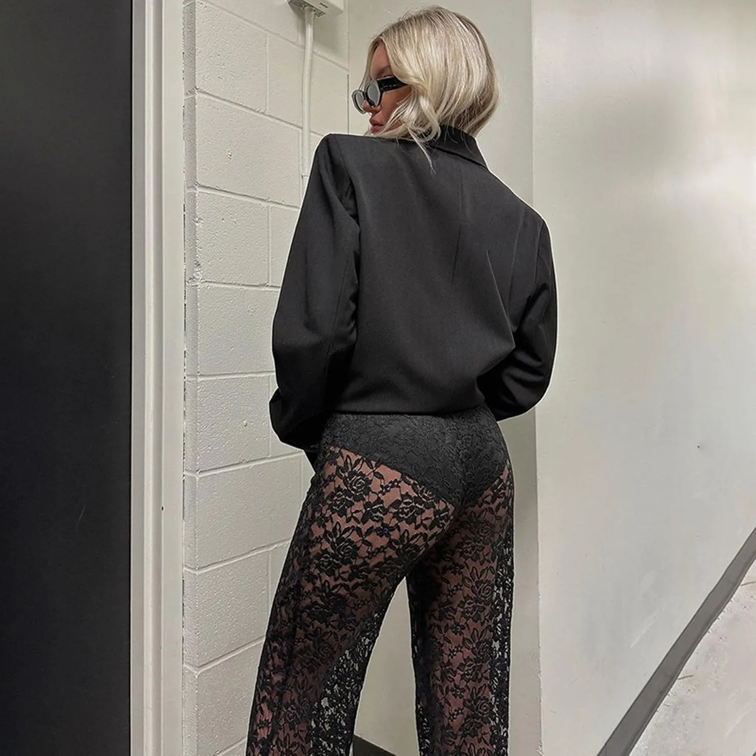 Women's Sexy See Through Lace Pants Transparent Sheer Mesh Straight Leg Pants Hollow Out Slim Trousers Cover Up Pants
