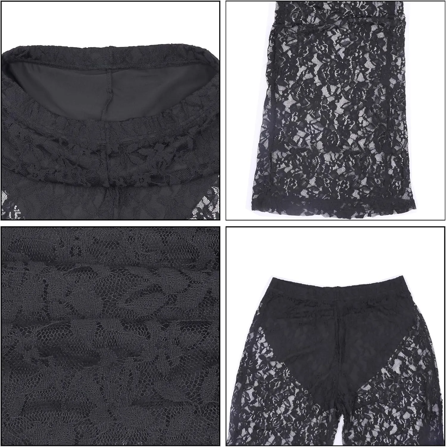 Women's Sexy See Through Lace Pants Transparent Sheer Mesh Straight Leg Pants Hollow Out Slim Trousers Cover Up Pants