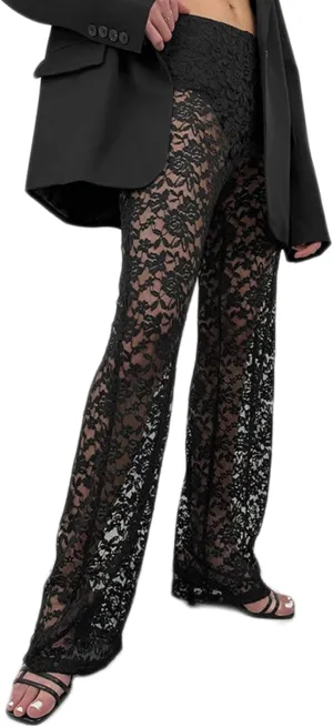 Women's Sexy See Through Lace Pants Transparent Sheer Mesh Straight Leg Pants Hollow Out Slim Trousers Cover Up Pants