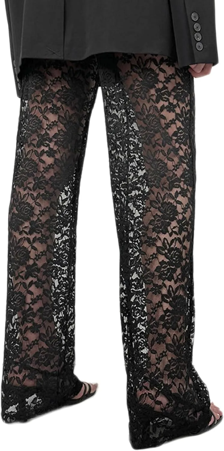 Women's Sexy See Through Lace Pants Transparent Sheer Mesh Straight Leg Pants Hollow Out Slim Trousers Cover Up Pants