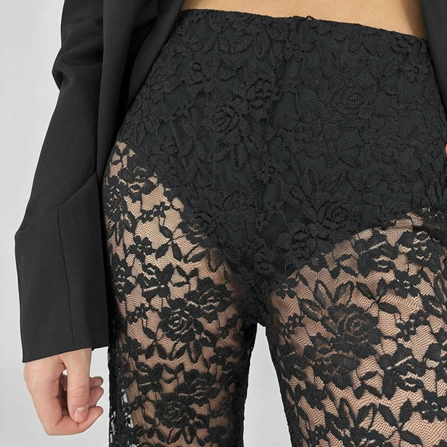 Women's Sexy See Through Lace Pants Transparent Sheer Mesh Straight Leg Pants Hollow Out Slim Trousers Cover Up Pants