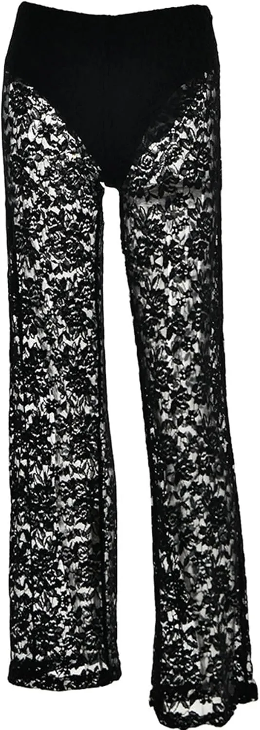 Women's Sexy See Through Lace Pants Transparent Sheer Mesh Straight Leg Pants Hollow Out Slim Trousers Cover Up Pants