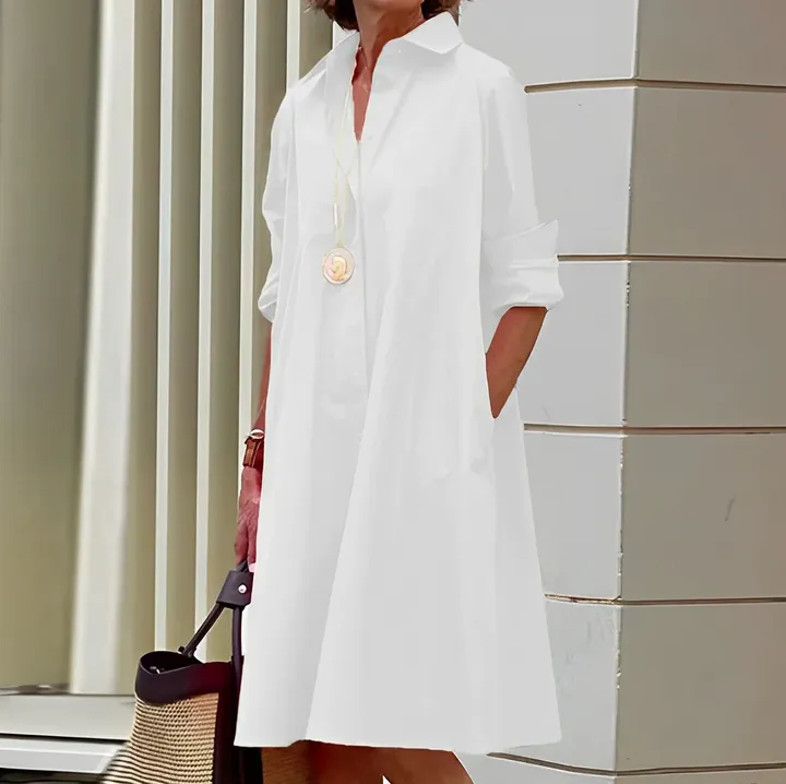 Women's Shirtdress - Relaxed Fit - Button Down - Collared Neckline - Knee Length