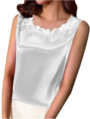Womens Silk Satin Tank Tops Floral Applique Lace Crew Neck Casual Sleeveless Top 2025 Basic Camisole Tank Cami Blouses