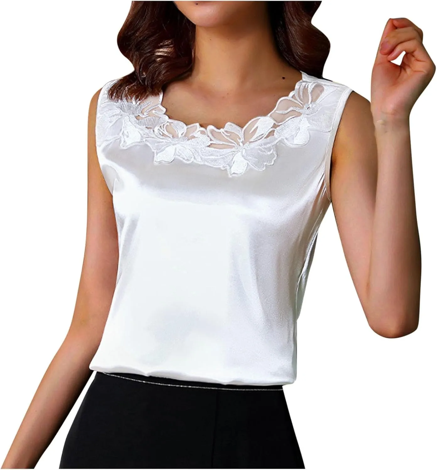 Womens Silk Satin Tank Tops Floral Applique Lace Crew Neck Casual Sleeveless Top 2025 Basic Camisole Tank Cami Blouses