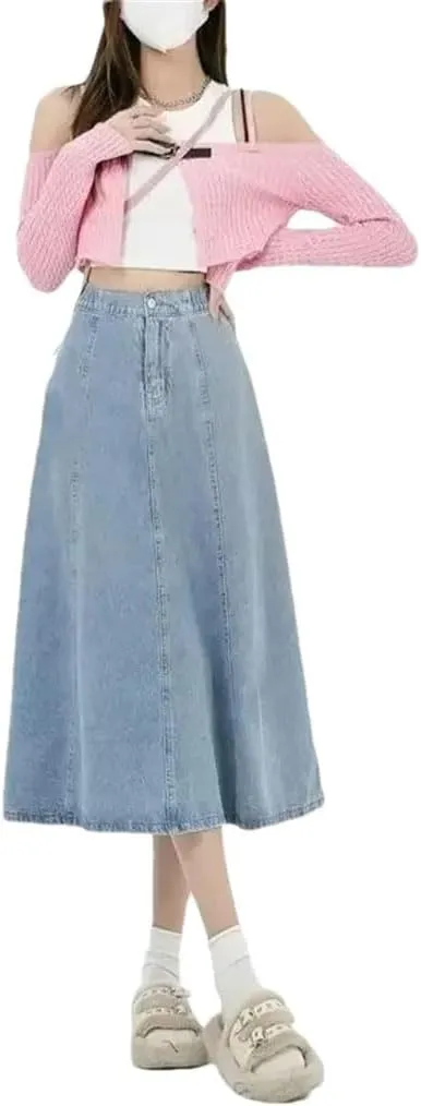 Women's Slim Fit Mid-Length A-Line Draped Umbrella Skirt High-Waisted Elastic Waist Denim Long Dress