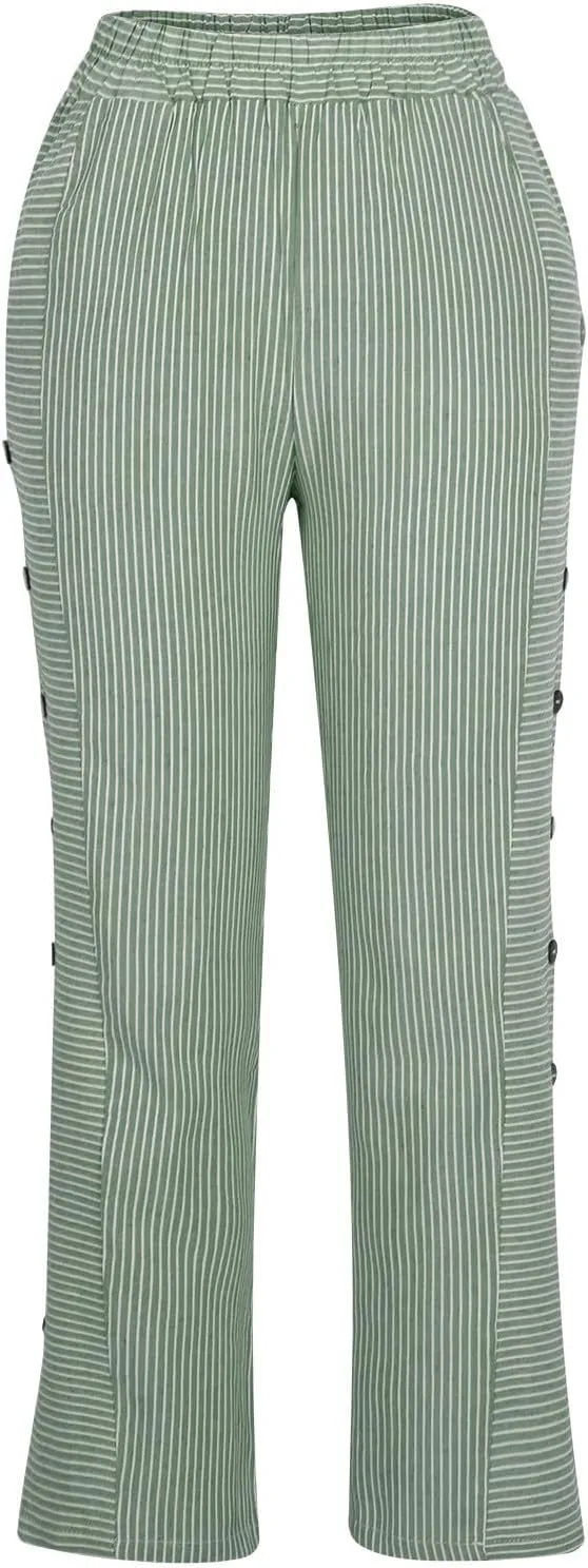 Womens Striped Side Button Pant Stretch High Waist Straight Leg Pant Loose Casual Aesthetic Retro Trouser with Pocket