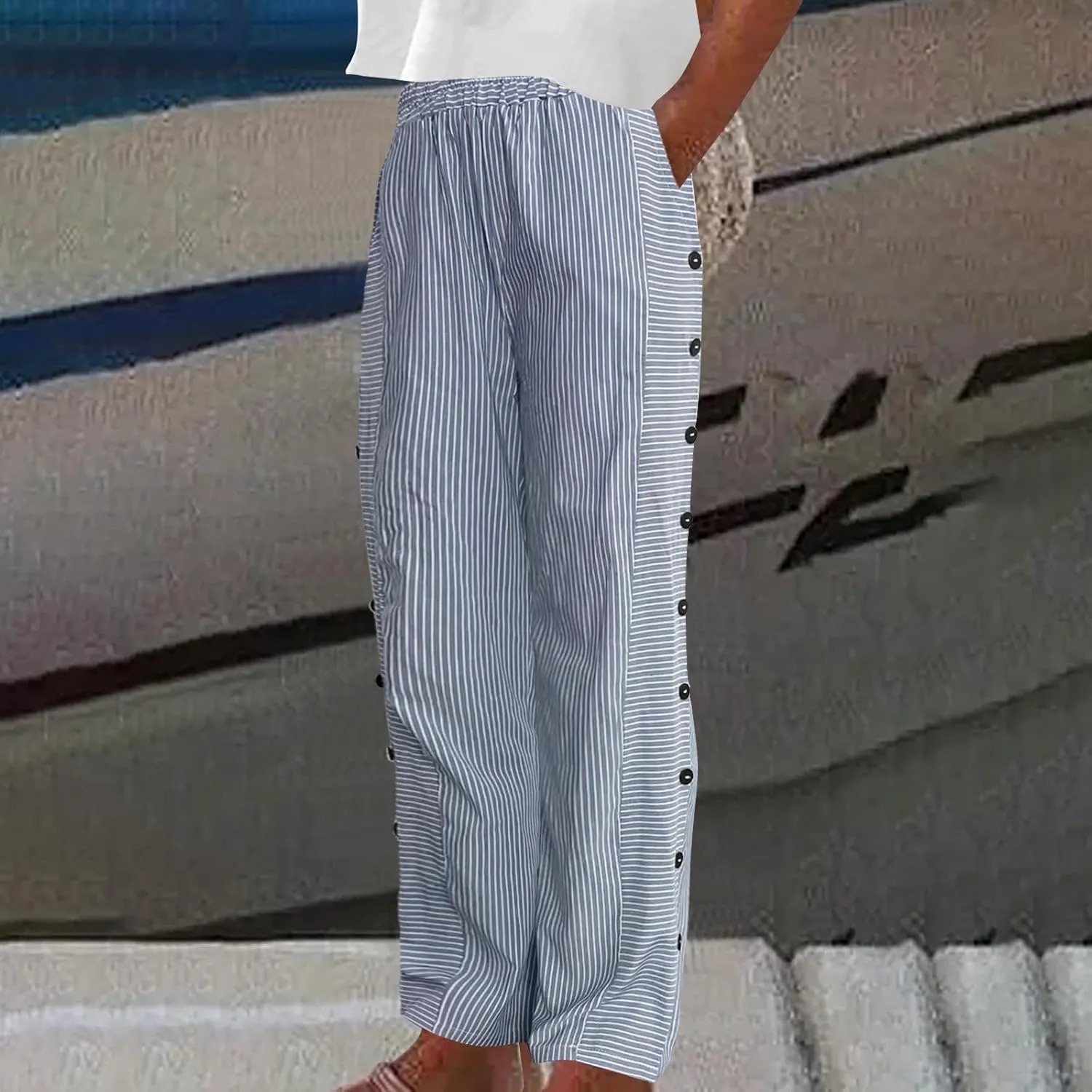 Womens Striped Side Button Pant Stretch High Waist Straight Leg Pant Loose Casual Aesthetic Retro Trouser with Pocket