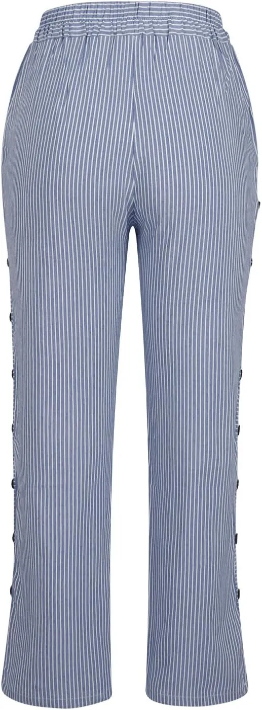 Womens Striped Side Button Pant Stretch High Waist Straight Leg Pant Loose Casual Aesthetic Retro Trouser with Pocket