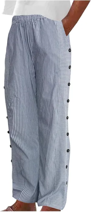 Womens Striped Side Button Pant Stretch High Waist Straight Leg Pant Loose Casual Aesthetic Retro Trouser with Pocket