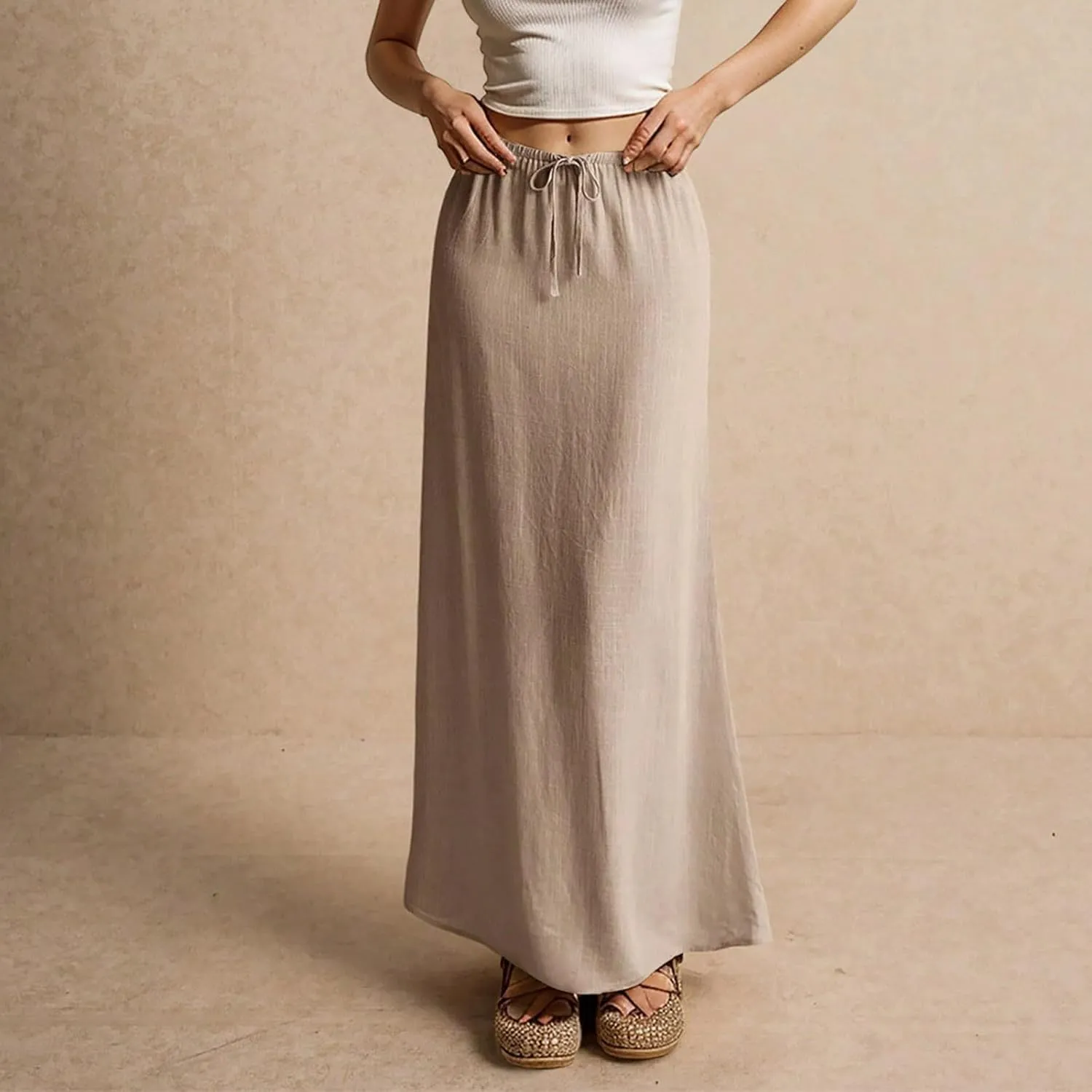 Womens Summer Flowy Linen A-Line Maxi Skirt 2025 Fashion Elastic Waist Pleated Long Beach Skirt