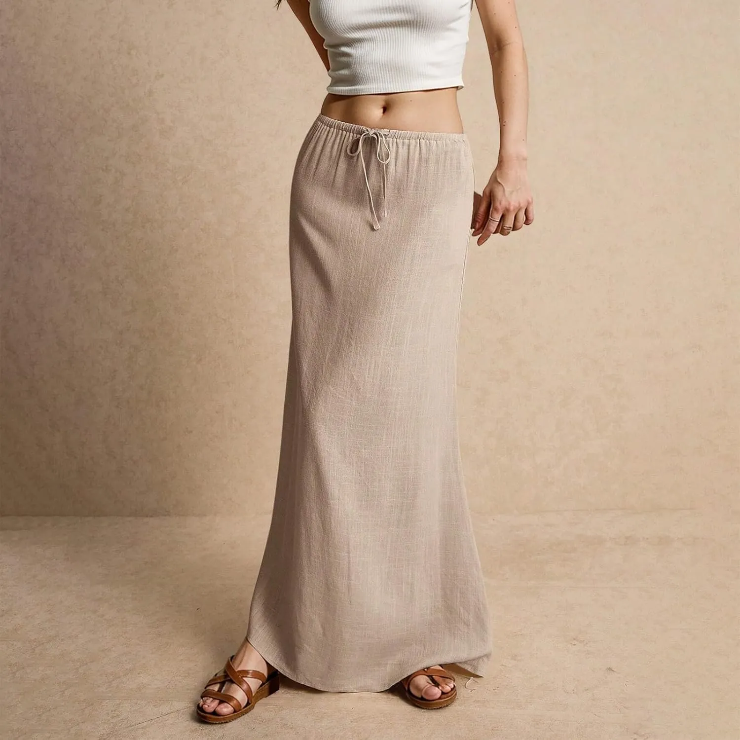 Womens Summer Flowy Linen A-Line Maxi Skirt 2025 Fashion Elastic Waist Pleated Long Beach Skirt