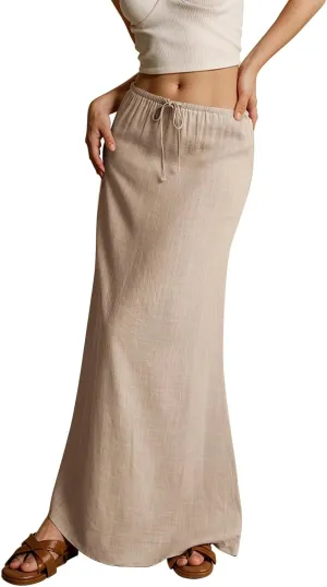 Womens Summer Flowy Linen A-Line Maxi Skirt 2025 Fashion Elastic Waist Pleated Long Beach Skirt