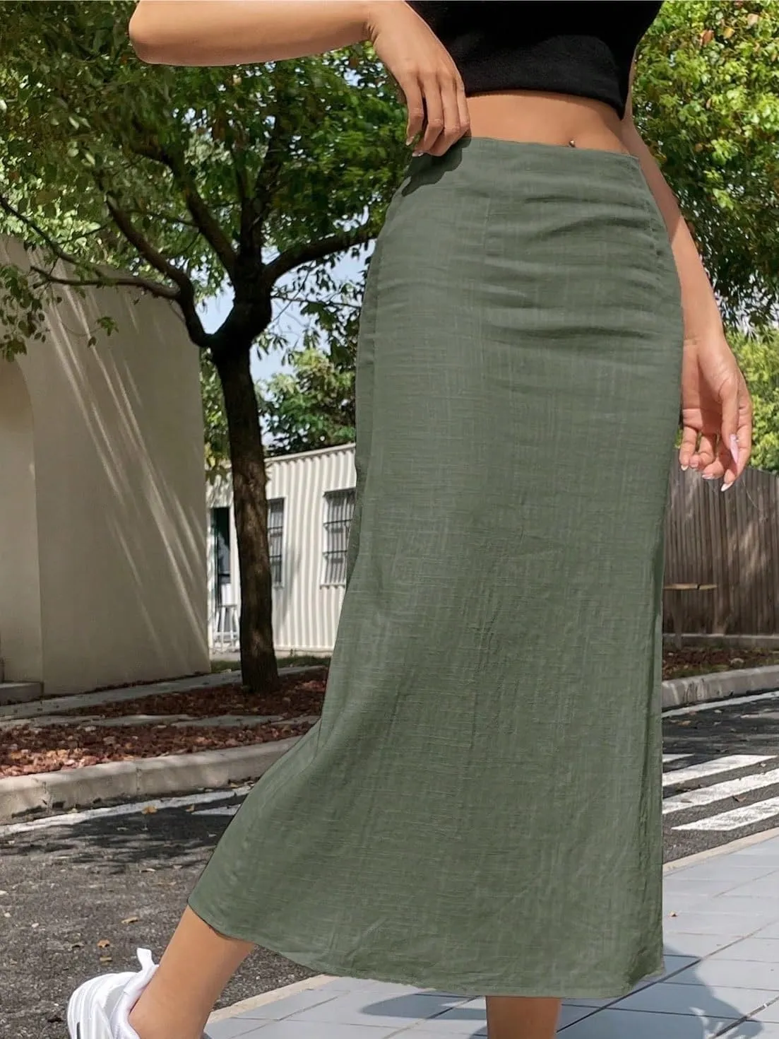 Womens Summer Flowy Skirt Dress Summer Solid Color Casual Light-Weight Long Midi Skirt
