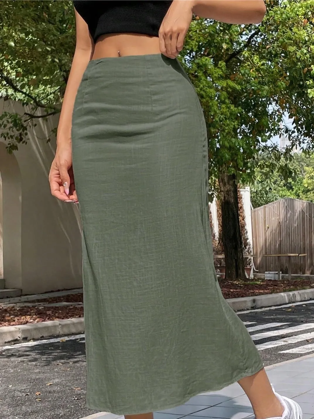 Womens Summer Flowy Skirt Dress Summer Solid Color Casual Light-Weight Long Midi Skirt