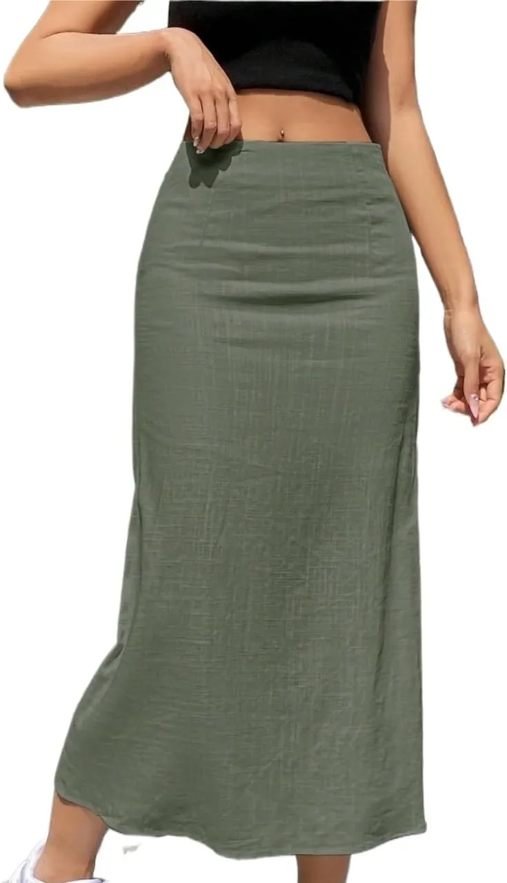 Womens Summer Flowy Skirt Dress Summer Solid Color Casual Light-Weight Long Midi Skirt
