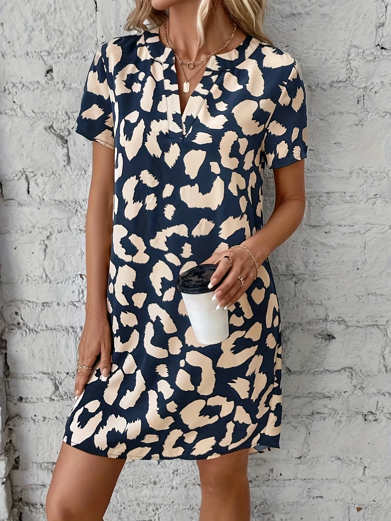 Women's V-Neck Dress - Leopard Print - Short Sleeve Relaxed Fit - Casual Wear