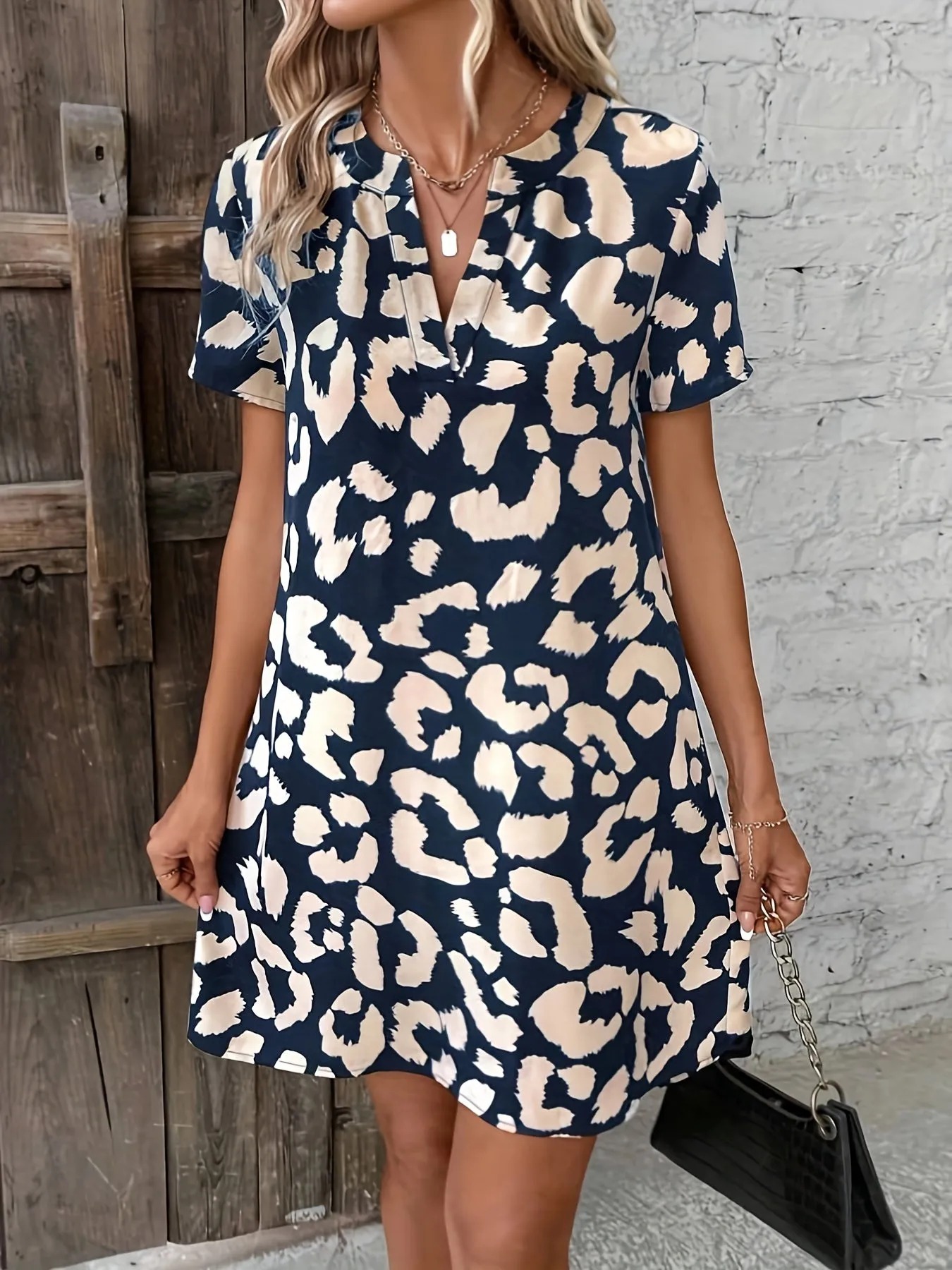Women's V-Neck Dress - Leopard Print - Short Sleeve Relaxed Fit - Casual Wear