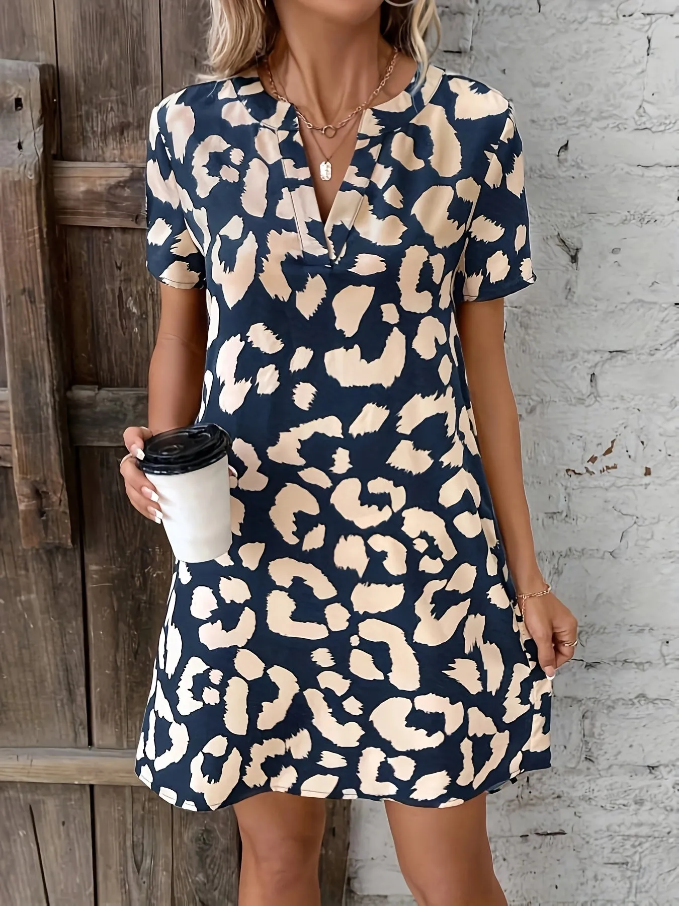 Women's V-Neck Dress - Leopard Print - Short Sleeve Relaxed Fit - Casual Wear
