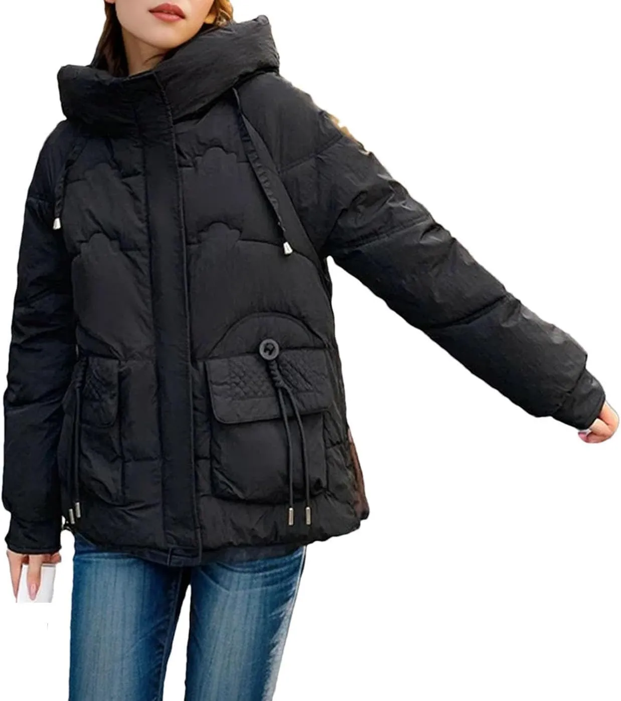 Women's Winter Cotton Padded Coat Casual Warm Down Jacket Thicken Large Pocket Hooded Parkas