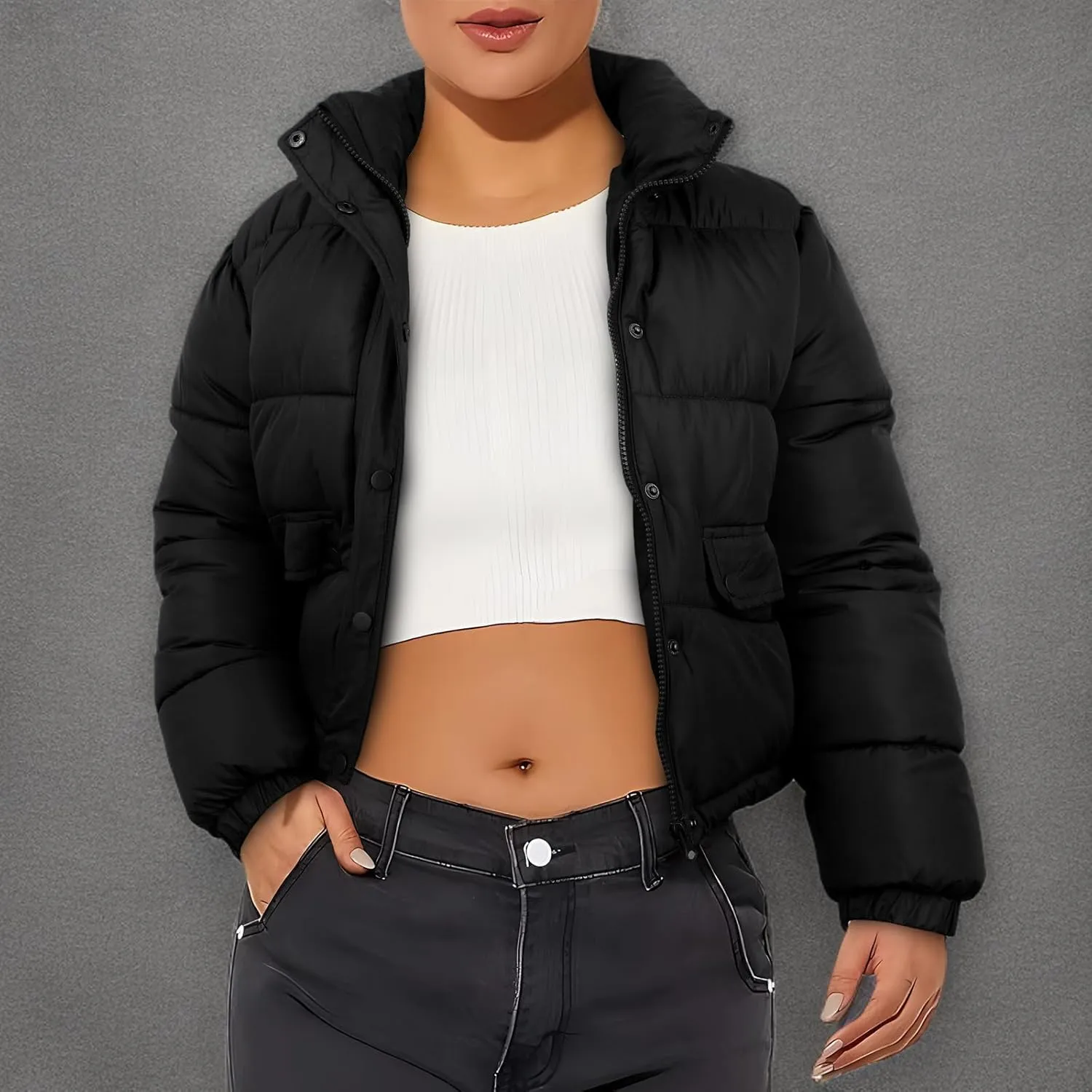Women's Winter Cropped Puffer Jacket Coat Short Warm Quilted Fashion Jacket