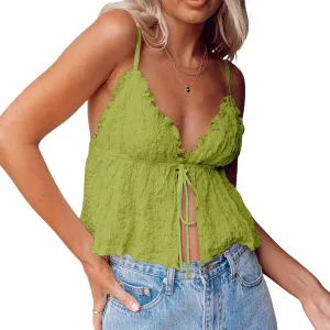 Women's Y2k Tank Tops V Neck Ruched Front Tie Up Camisole Solid Color Ruffle Backless Summer Vest Tops Streetwear
