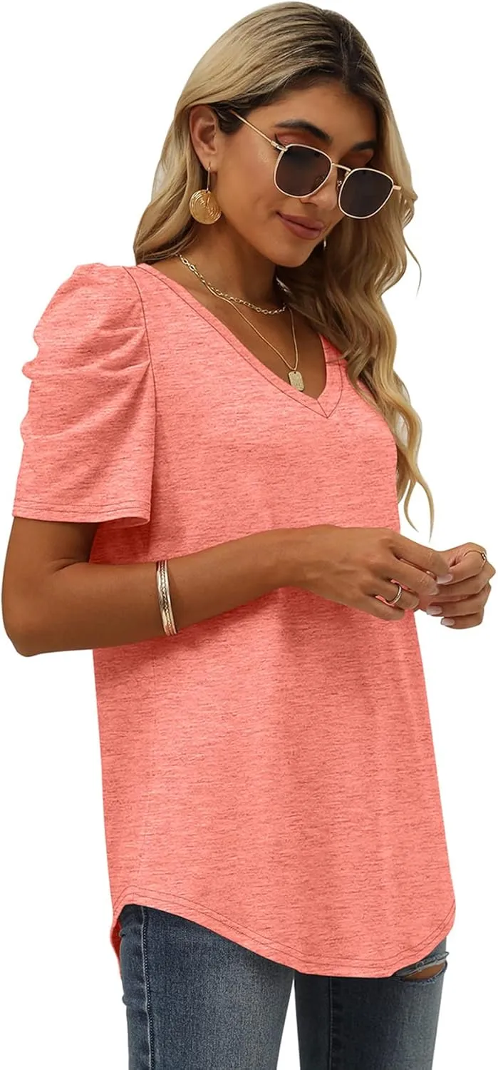 XIEERDUO Womens Summer Shirt V Neck Casual Tshirts Puff Sleeve Tops for Women Solid Color XS-3XL