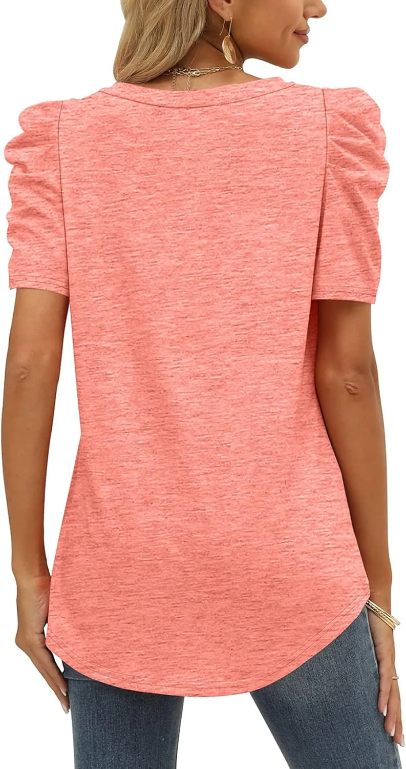 XIEERDUO Womens Summer Shirt V Neck Casual Tshirts Puff Sleeve Tops for Women Solid Color XS-3XL