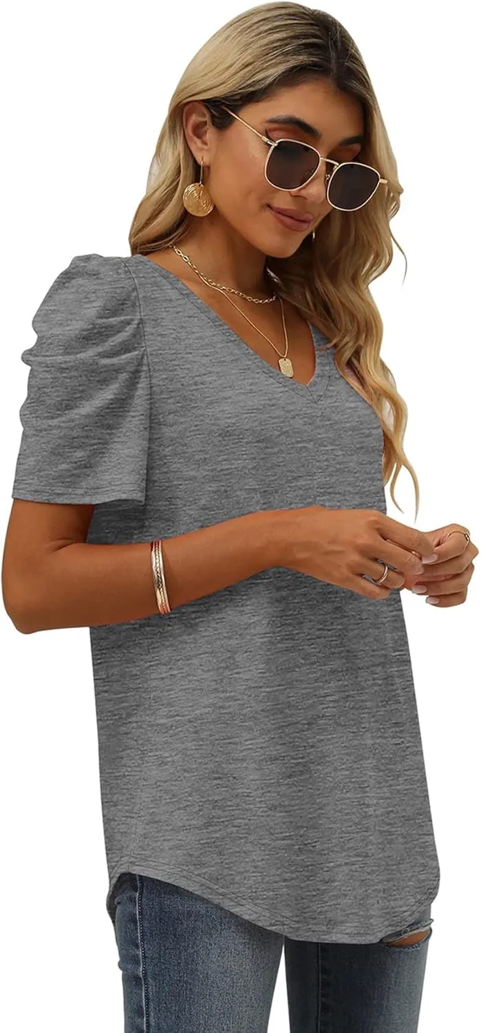XIEERDUO Womens Summer Shirt V Neck Casual Tshirts Puff Sleeve Tops for Women Solid Color XS-3XL