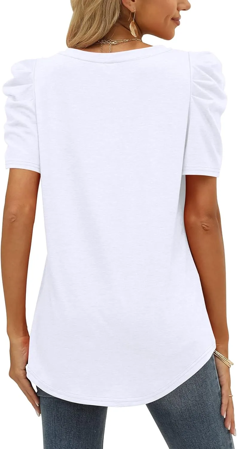 XIEERDUO Womens Summer Shirt V Neck Casual Tshirts Puff Sleeve Tops for Women Solid Color XS-3XL