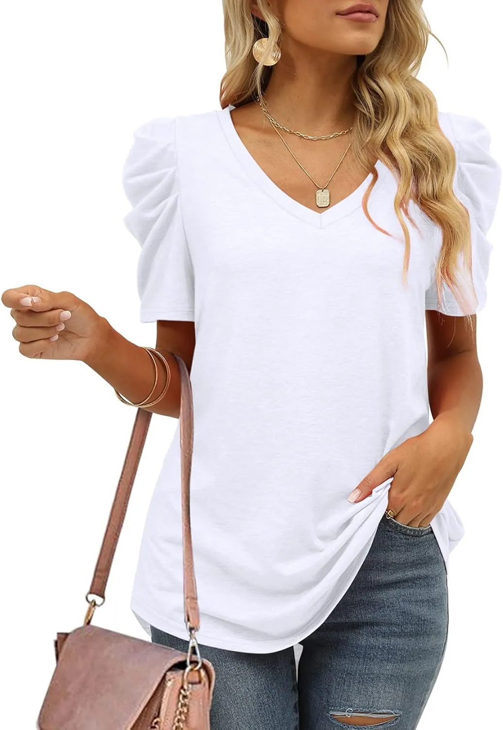 XIEERDUO Womens Summer Shirt V Neck Casual Tshirts Puff Sleeve Tops for Women Solid Color XS-3XL