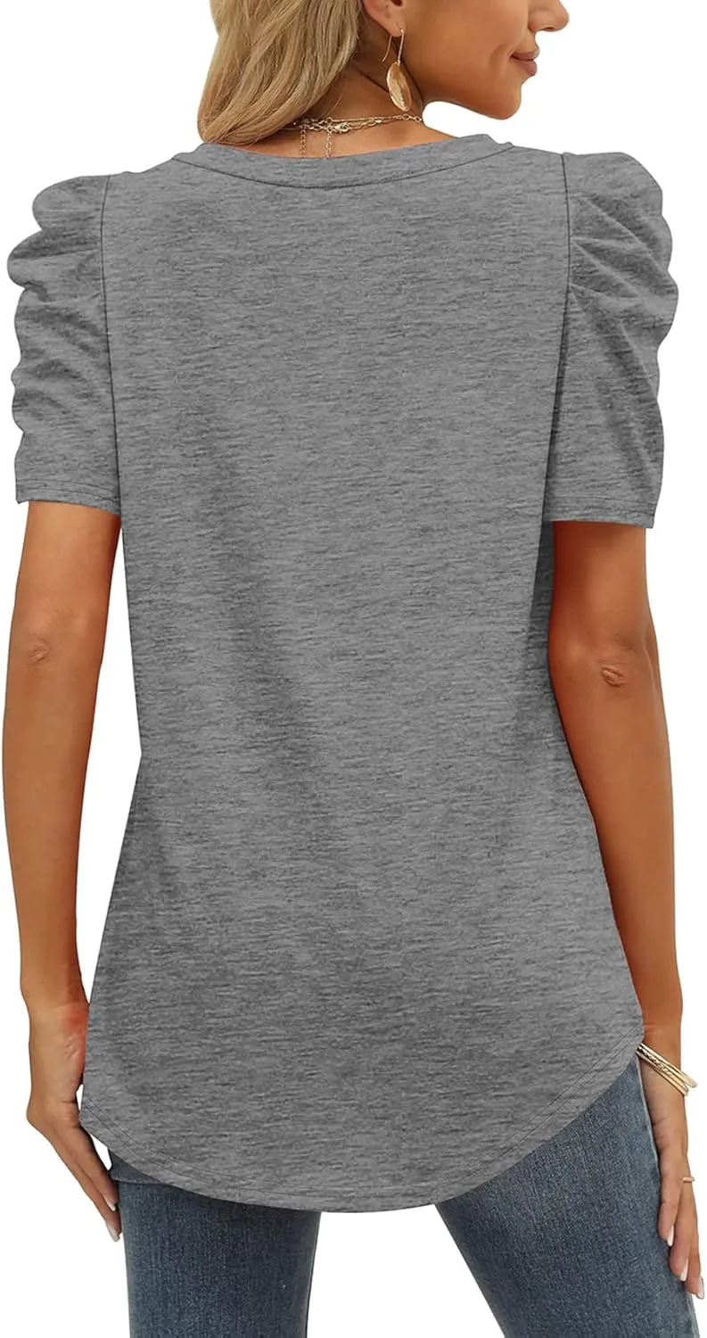 XIEERDUO Womens Summer Shirt V Neck Casual Tshirts Puff Sleeve Tops for Women Solid Color XS-3XL