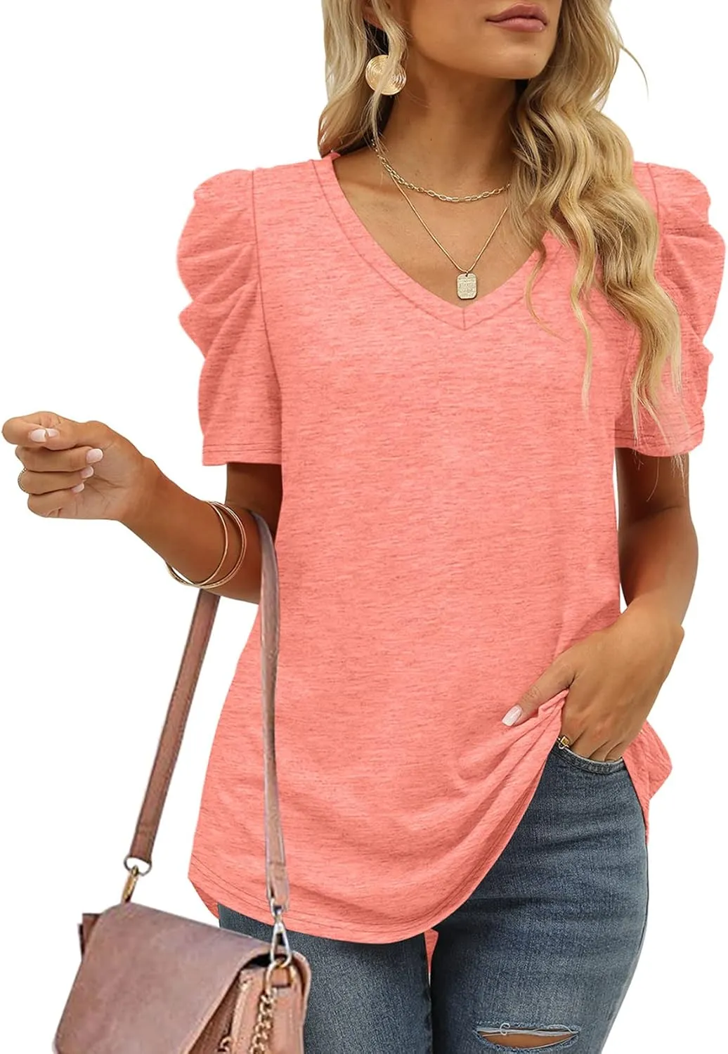 XIEERDUO Womens Summer Shirt V Neck Casual Tshirts Puff Sleeve Tops for Women Solid Color XS-3XL