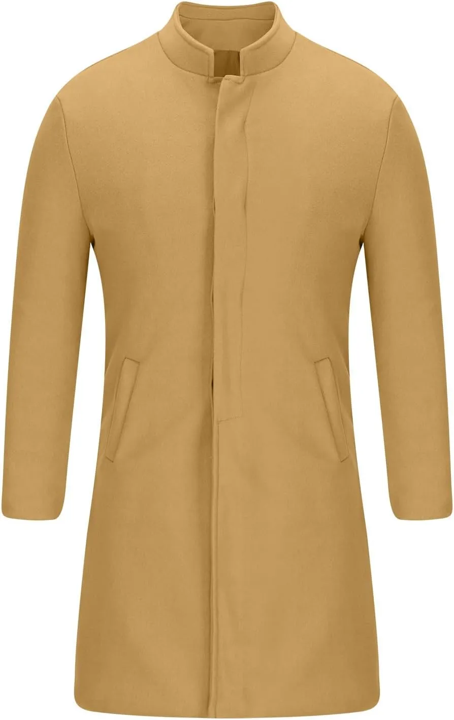 XUNRYAN Mens Wool Blend Pea Coat Notched Collar Single Breasted Overcoat Warm Winter Trench Coat Mid Long Jacket Work Outwear