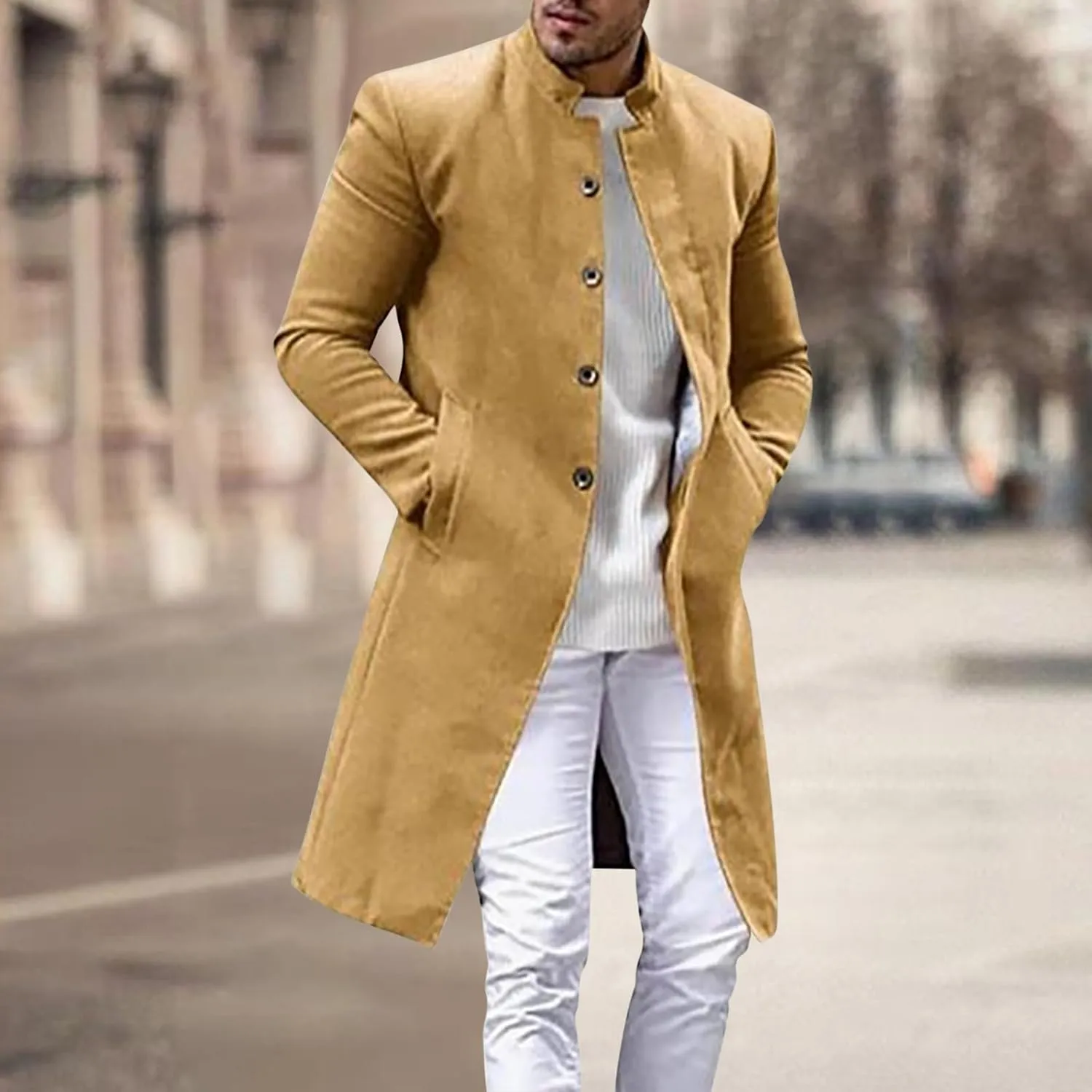 XUNRYAN Mens Wool Blend Pea Coat Notched Collar Single Breasted Overcoat Warm Winter Trench Coat Mid Long Jacket Work Outwear